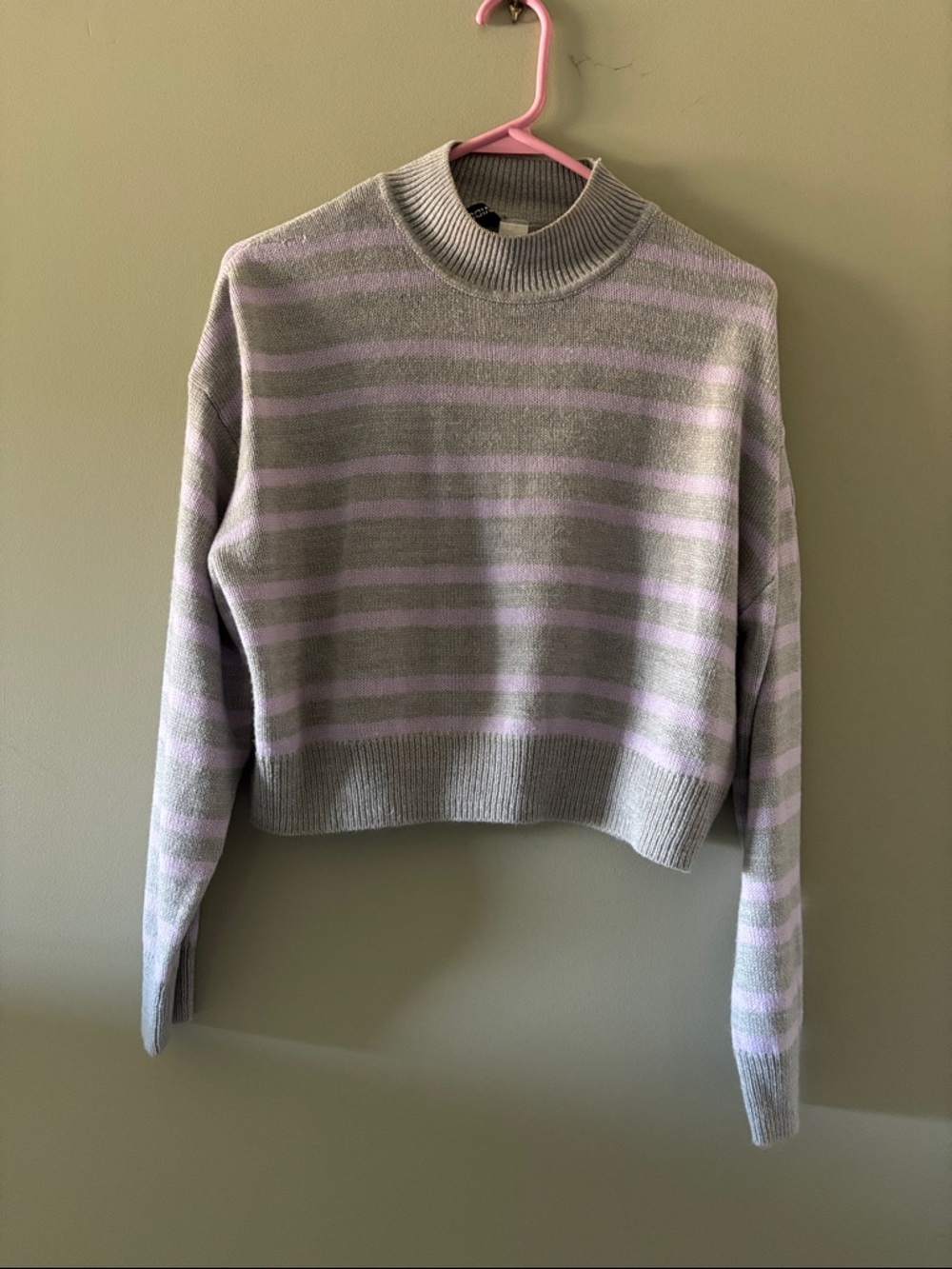 H&M Gray & Lavender Striped Cropped Crewneck Sweater